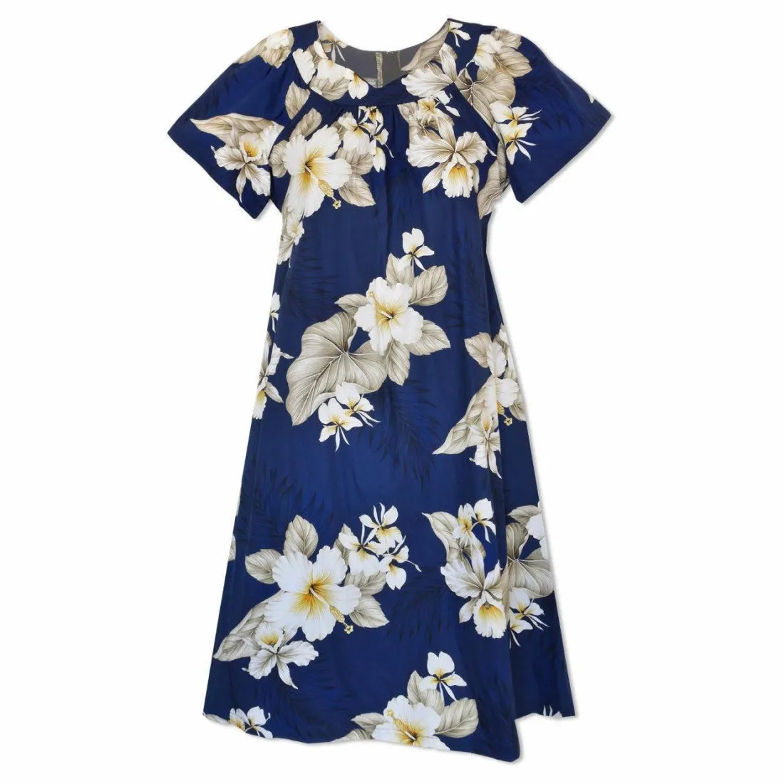 Hibiscus Joy Navy Cotton Hawaiian Tea Muumuu Dress