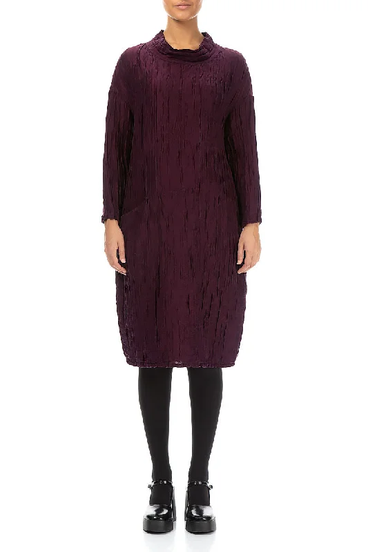 High Neck Aubergine Crinkled Silk Linen Dress