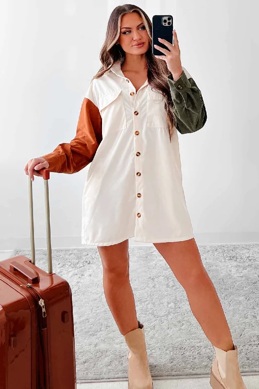 Hope You Know Colorblock Corduroy Shirt Dress (Cream)