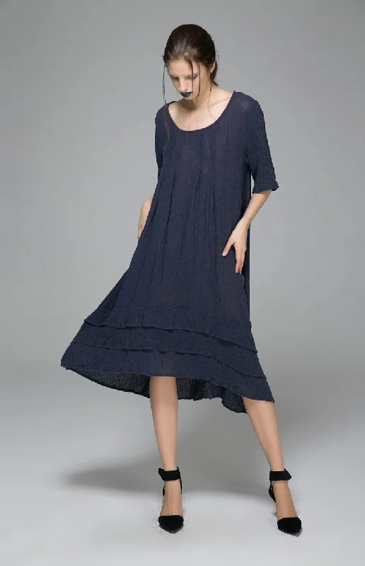 Irregular hem dress with round neck and five minute sleeve 1400