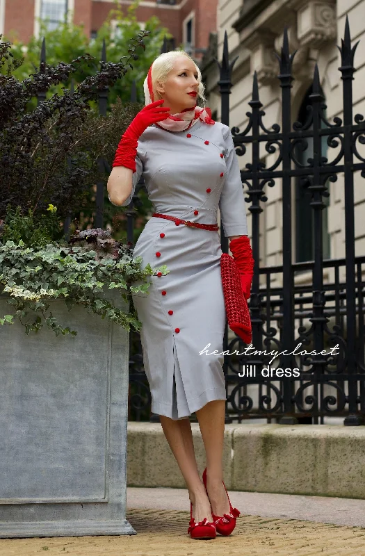 JILL- long sleeve 1950s pencil dress with contrast trim & buttons