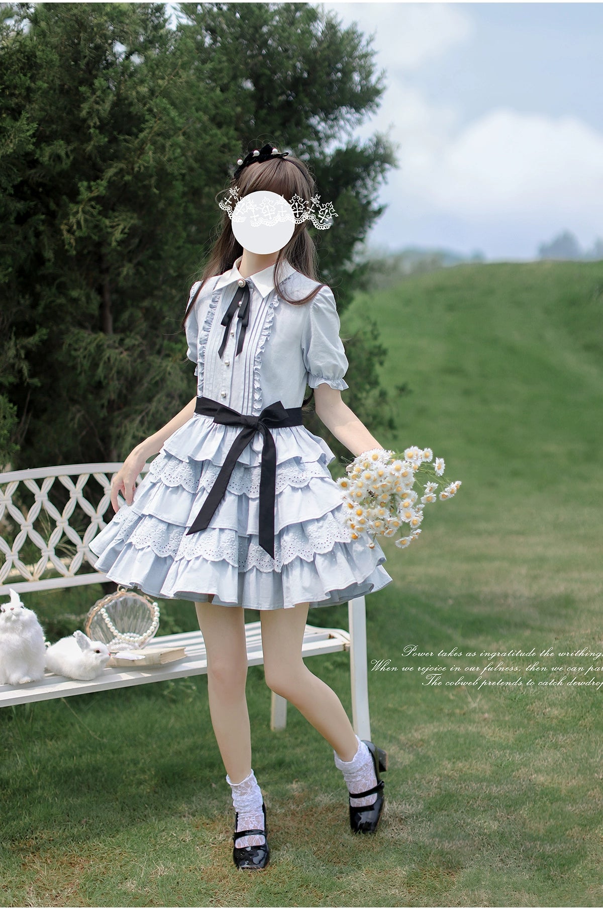 HuTaoMuJK~Tulle~Elegant Cotton Lolita OP Dress Blue Tiered Hem Cake Blue Lolita Dress