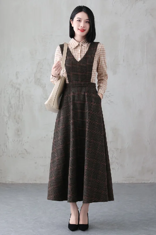 Long Plaid Wool Pinafore Dress 3836