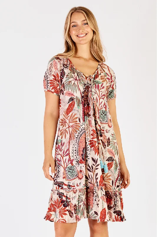 Lula Life Gina Shirred Printed Lagoon Dress White