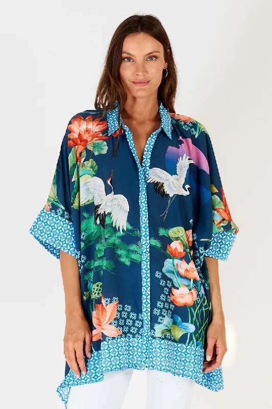 Lula Soul Yoshiko Kaftan Shirt Long Sleeve Blue