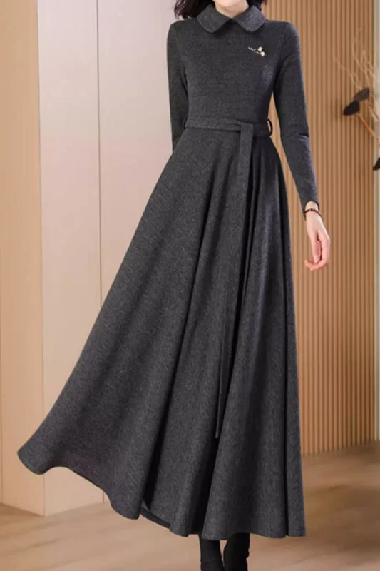 Maxi dark gray long wool dress women 4791