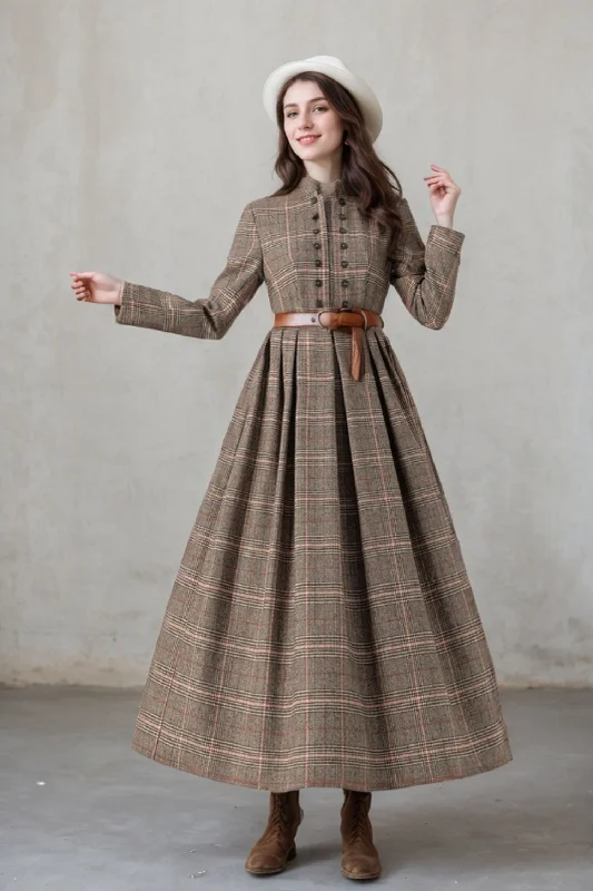 Maxi pleated winter long plaid wool dress 5408