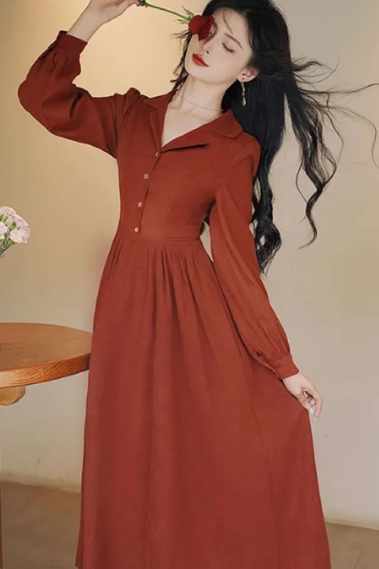 Long sleeves midi autumn shirt dress women 4803