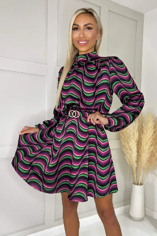 Multi Print Long Sleeve High Neck Belted Skater Dress