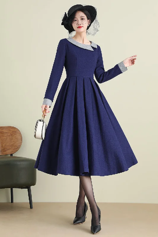 Navy Blue Midi Wool Dress 3894