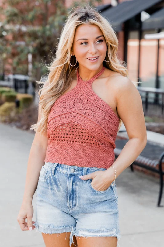 Not A Problem Terracotta Halter Neck Crochet Tank FINAL SALE