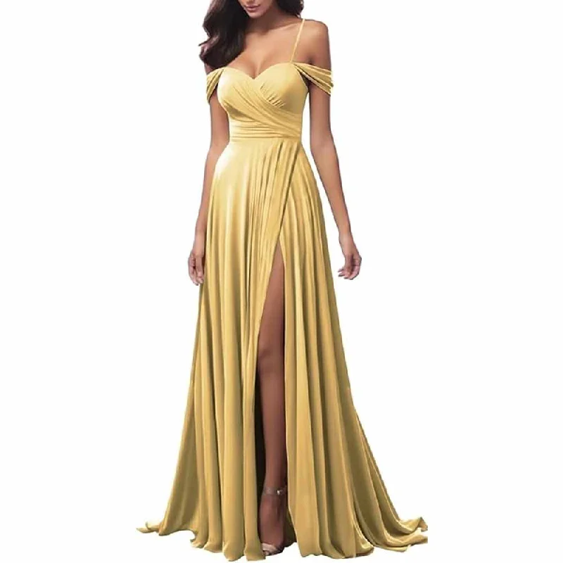 Off The Shoulder Bridesmaid Dresses Women Long Satin Formal Dresses Spaghetti Straps Evening Gown