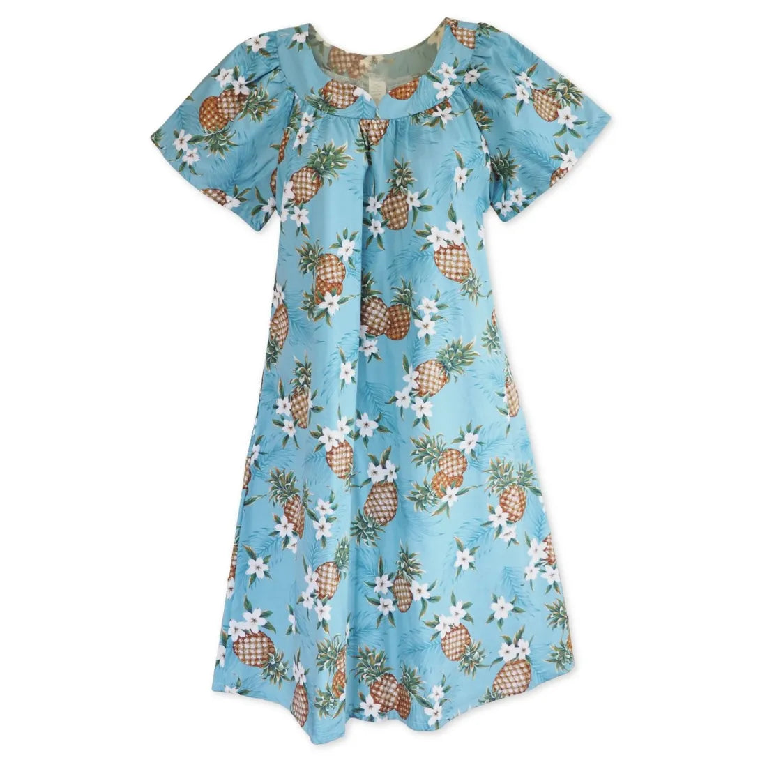 Pineapple Jam Teal Hawaiian Maile Tea Muumuu Dress