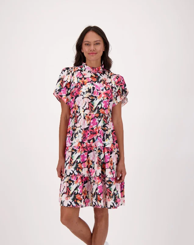 Pink Bloom Flutter Sleeve Tiered Dress