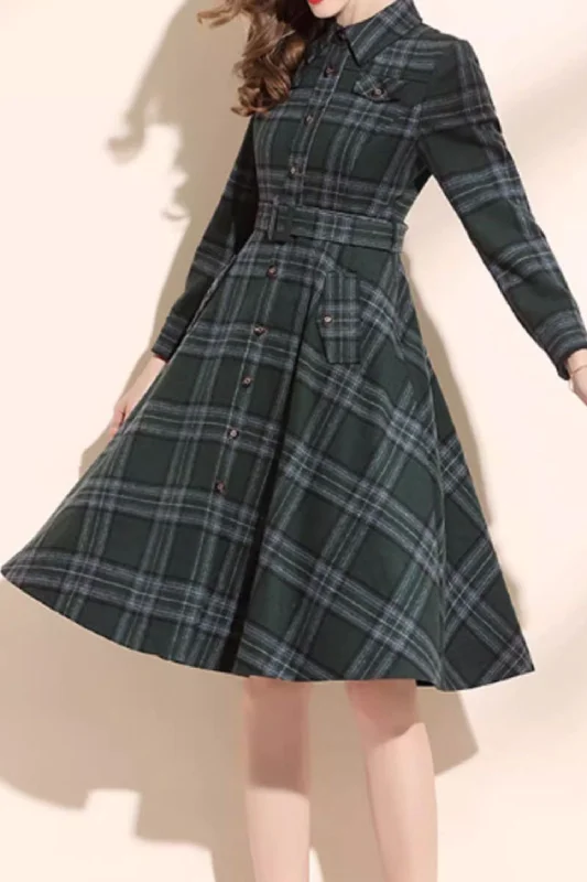 Plaid winter wool dress with tie belt waist 4802