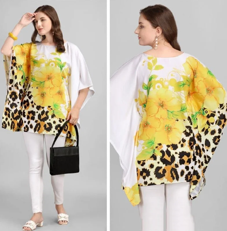 Rayon Yellow Floral Printed Kaftan Tunic tops for Ladies