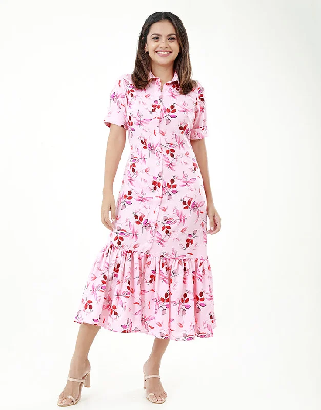 Printed Short Sleeves Dress with Collar