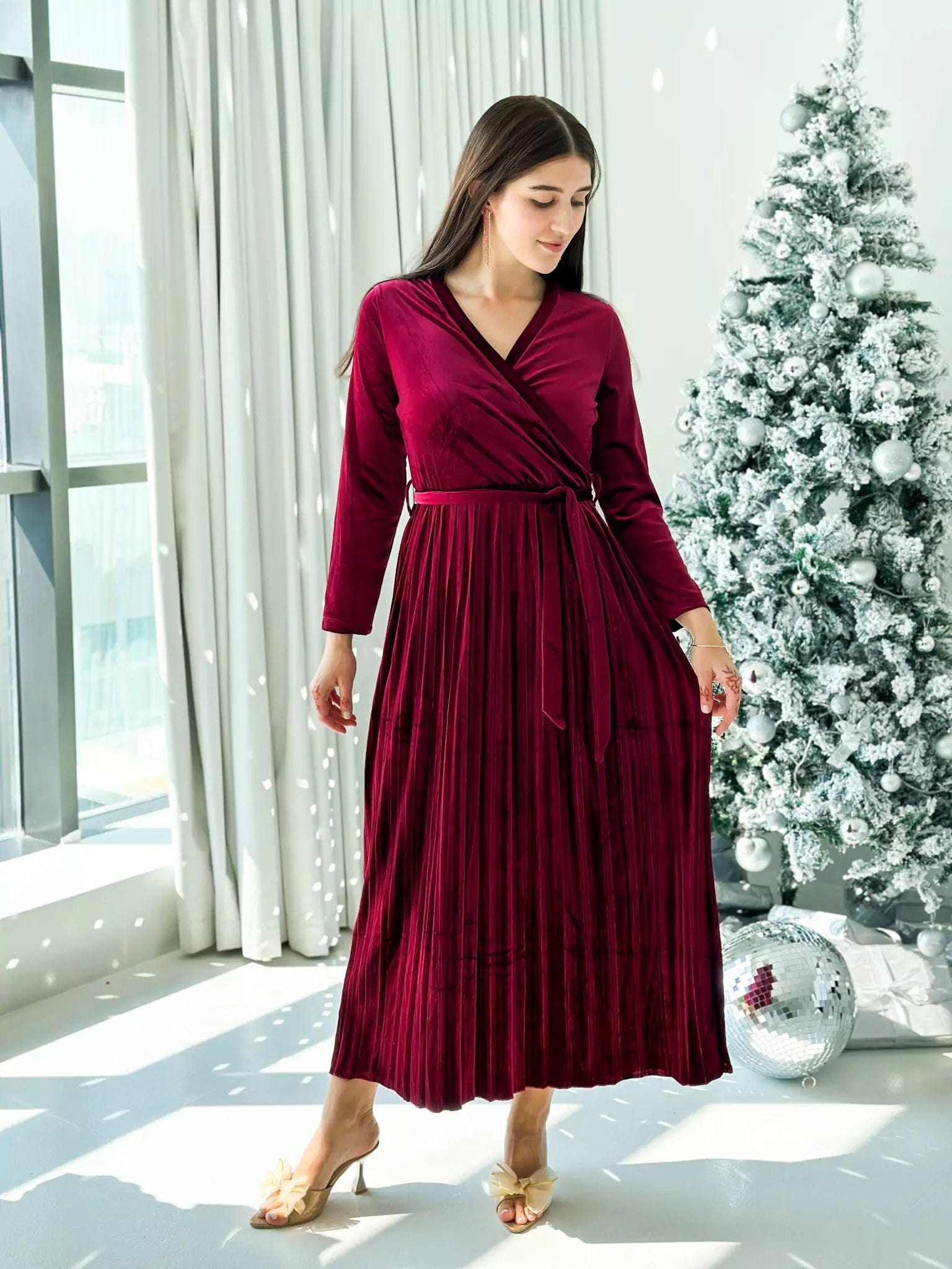 Promise - Plum Velvet Dress with Long Sleeves (Pleated)