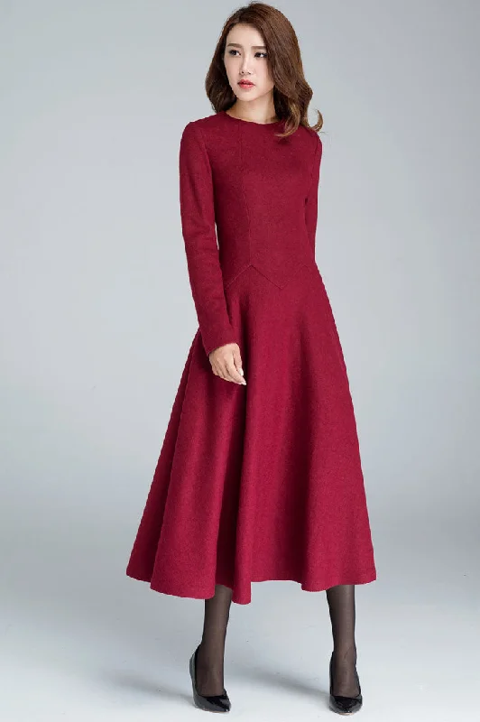 Red Midi winter Wool dress women 1618