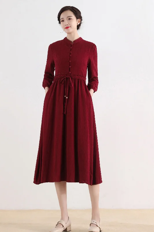 Red Spring Long sleeve Cotton Linen Dress 2519#