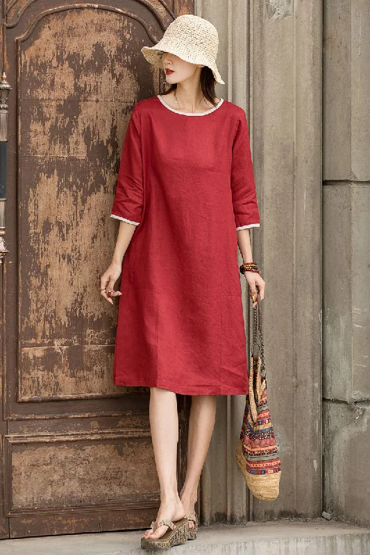 Red Women Summer Pure Linen Dress 2859