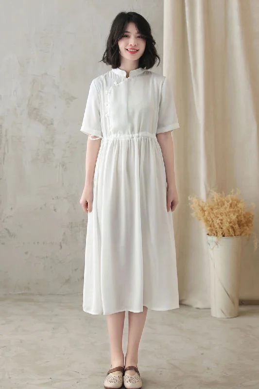 Retro White Short Sleeve Swing Dress 2829#