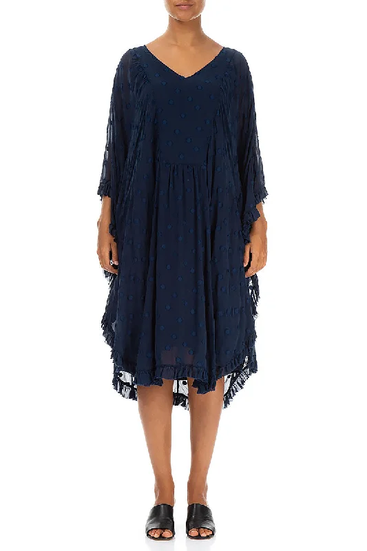 Ruffled Navy Dotty Silk Kaftan Dress