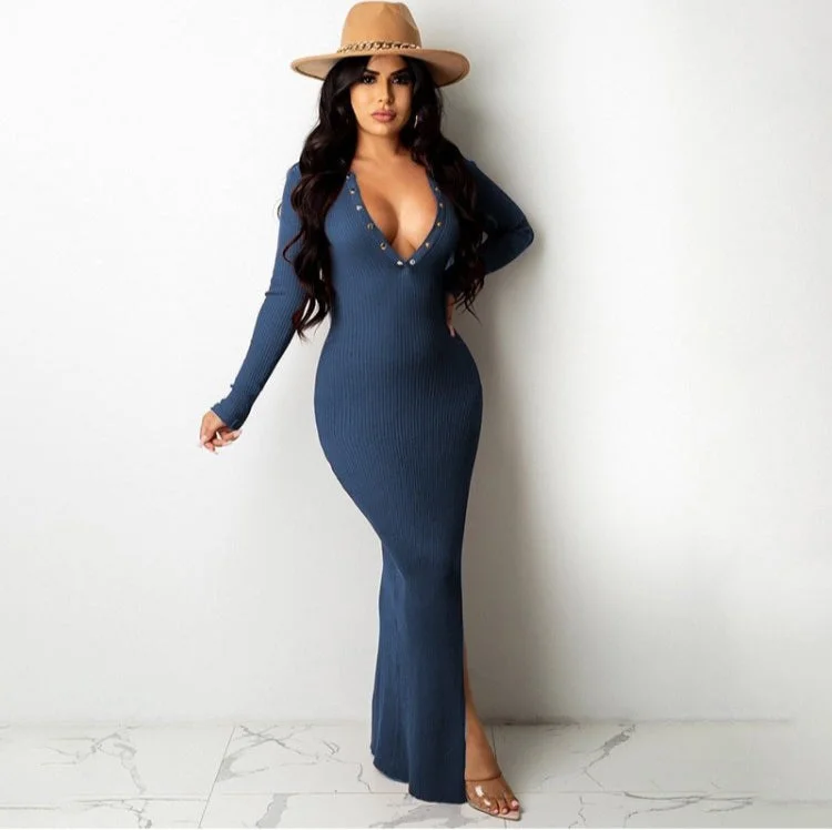 Split Hem Backless Long Sleeves Dress