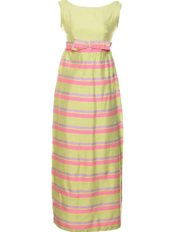 Striped Pattern 1970s Green, Lilac & Pink Dress - M