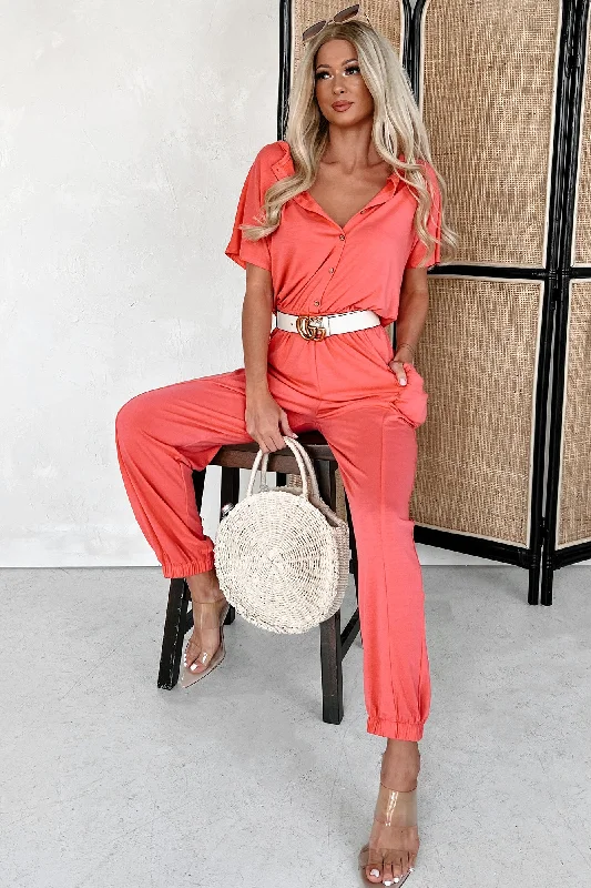 Taking The Easy Route Short Sleeve Button Detail Jumpsuit (Coral)