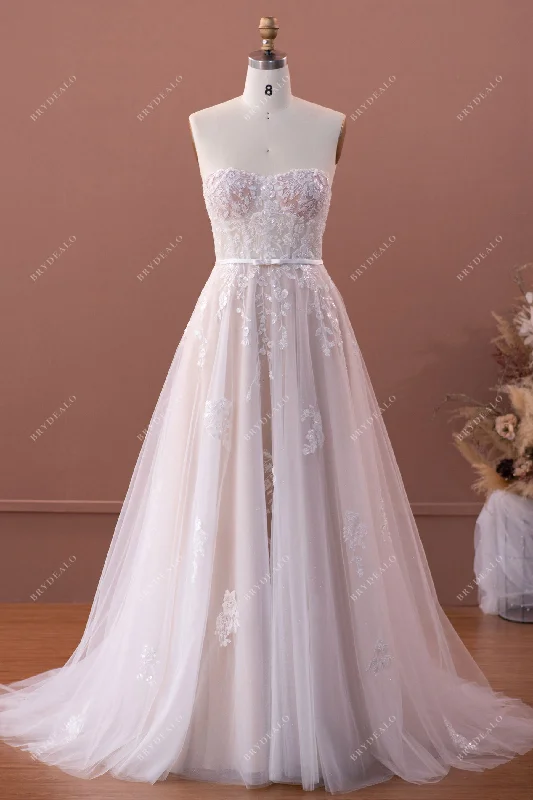 Visible Boning Sweetheart Corset Lace A-line Nude Wedding Dress