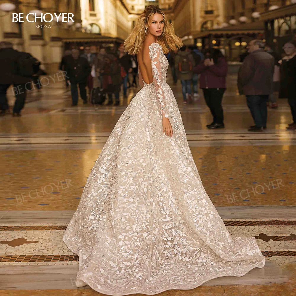 Wedding Dress V-neck Long Sleeve A-Line Gorgeous Court Train Bride Gown