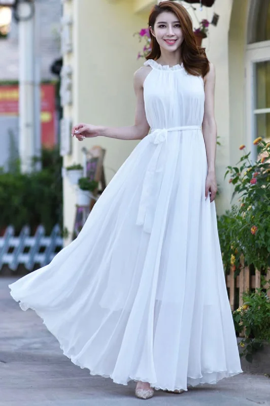 White Halter Maxi Swing Chiffon Dress 2921