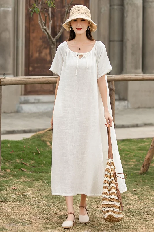 White Maxi Linen Dress 285801#