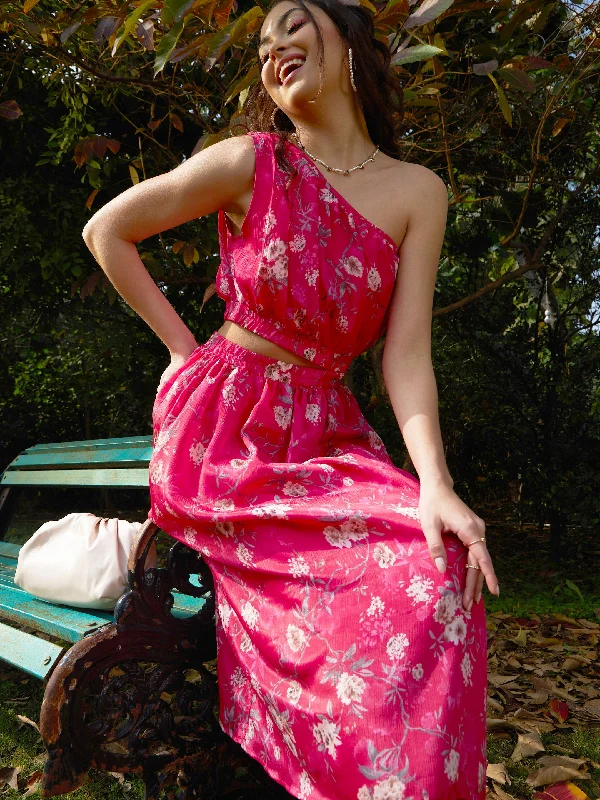 Women Pink Floral Chinon One Shoulder Side Cut-Out Dress