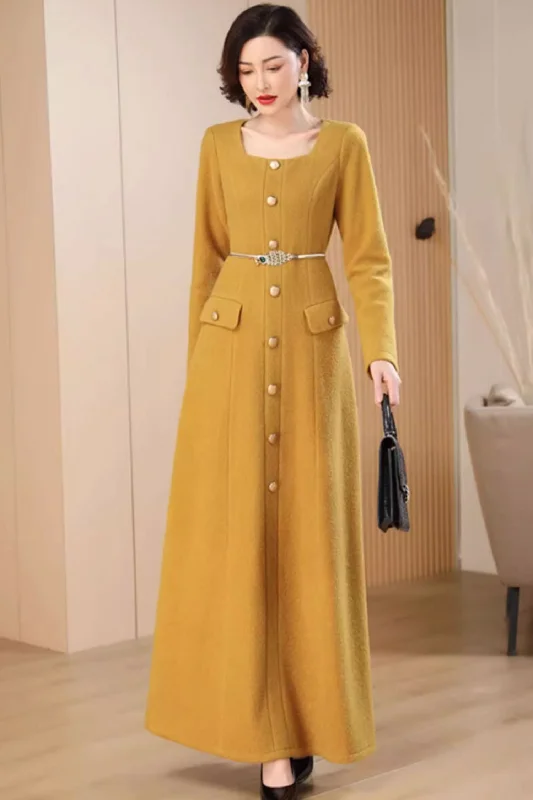 Yellow long winter wool dress women 4709