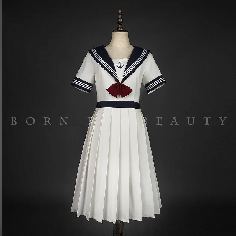 white dress dark blue collar (without embroidery on hemline )