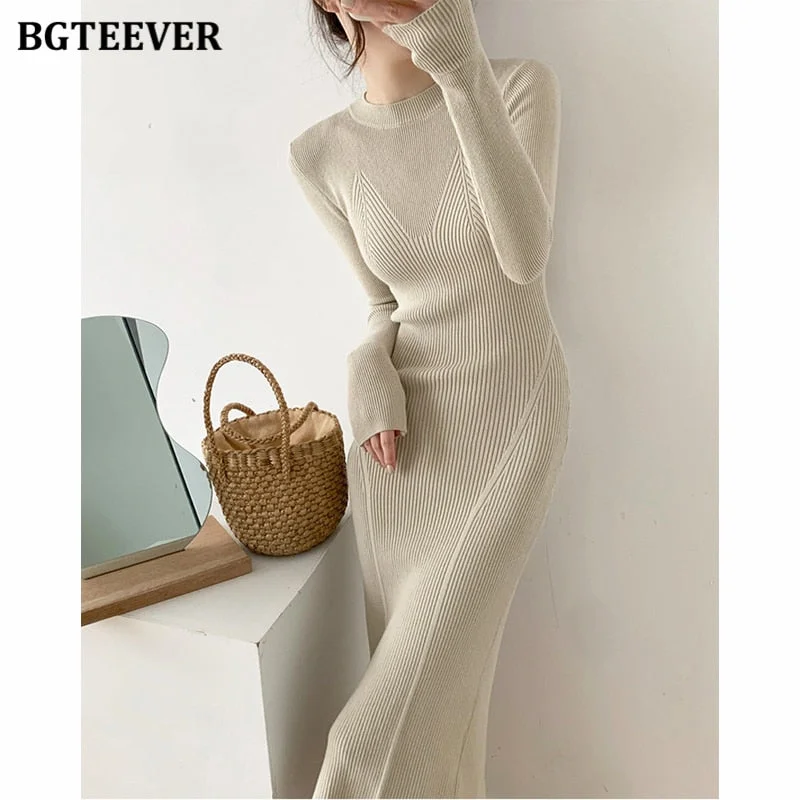 Christmas Gift BGTEEVER O-neck Slim Sweaters Bodycon Dress for Women  Autumn Winter Knitted Vestidos Femme Full Sleeve Midi Female Dress Fitted Mini Bodycon