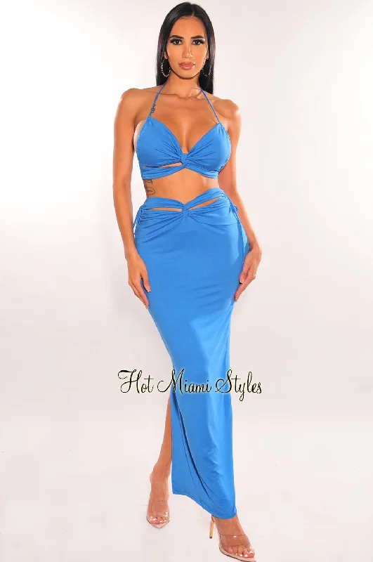 Blue Cut Out Knotted Midi Skirt Two Piece Set