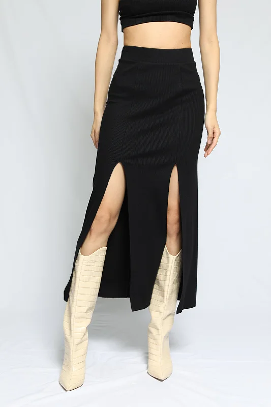 Slashed Midi Skirt Jet Black