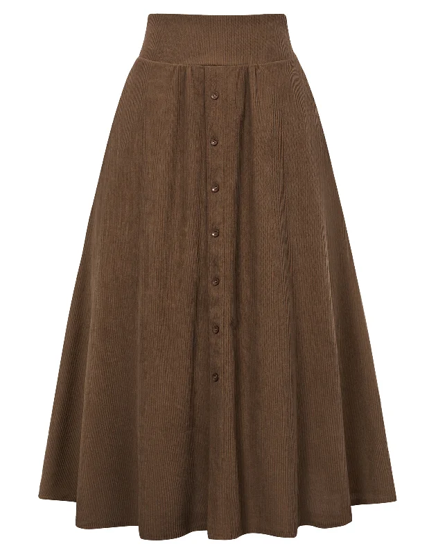 Women's High Waist Midi Skirt Vintage Elastic A-Line Pleated Button Skirts with Pockets