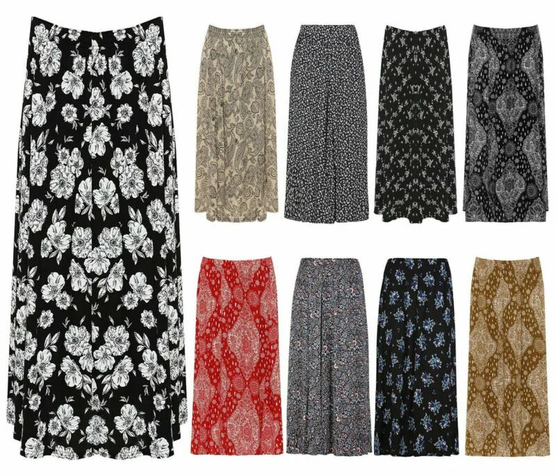 Womens Paisley Floral Printed Elasticated Stretch Skirt Waist Ladies Midi Skirt