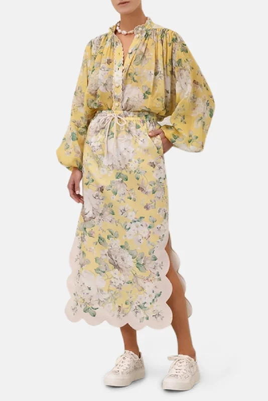 Acacia Scallop Midi Skirt Yellow Floral